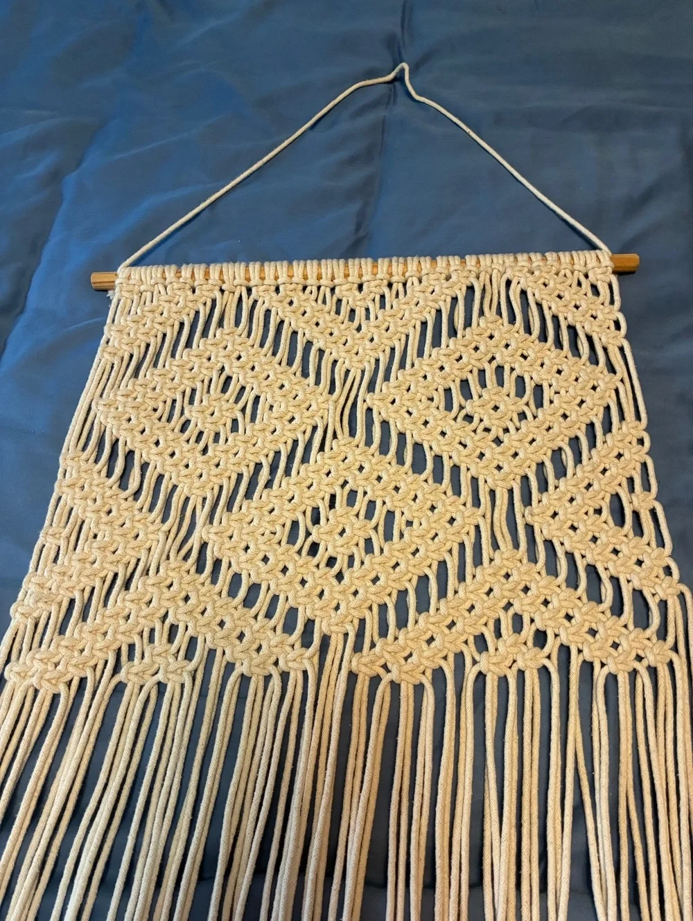 Handmade Macrame Wall Hanging with Wooden Rod and Fringe